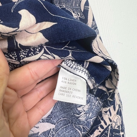 Panama Jack - Blue Linen Blend Tropical Palm Leaf Pattern Tie Blouse Size XS - Picture 8 of 9